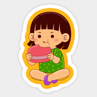 girl kids eating macaroon Sticker